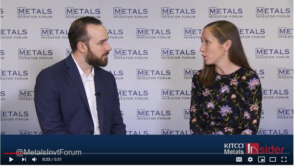 Gwen Preston and Thomas Mumford, VP Exploration sit backstage at the Metals Investor Forum November 15, 2019