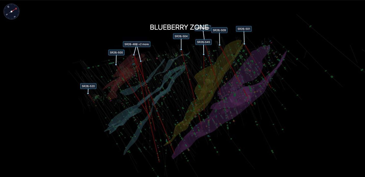 3D view of the Blueberry Zone vein models and 2026 drill holes