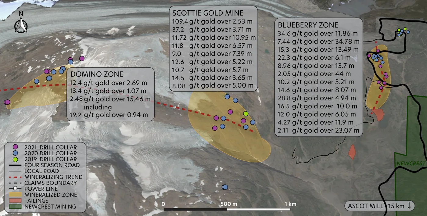 Plan view map of the Domino-Scottie mineralizing corridor